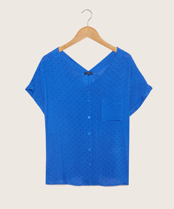 Blusa Unicolor Textura Manga Corta Con Guarda Polvo, Cuello En V, Botonadura, Bolsillo Y Silueta Fluida