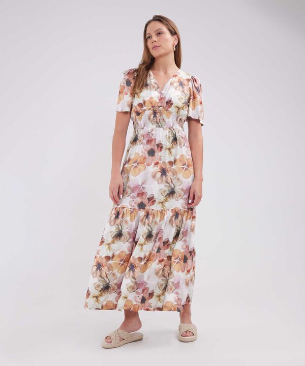 Vestido Largo, Manga Corta Con Nido De Abejas