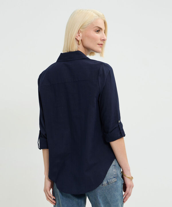 Camisa Manga Larga Con Bolsillo Unicolor En Lino