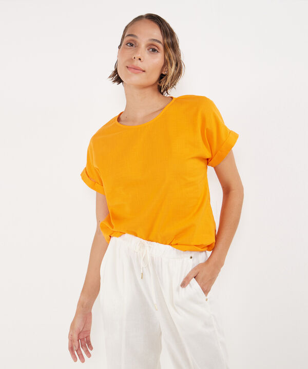 Blusa Manga Corta Con Guardapolvo  En Lino Unicolor image number null
