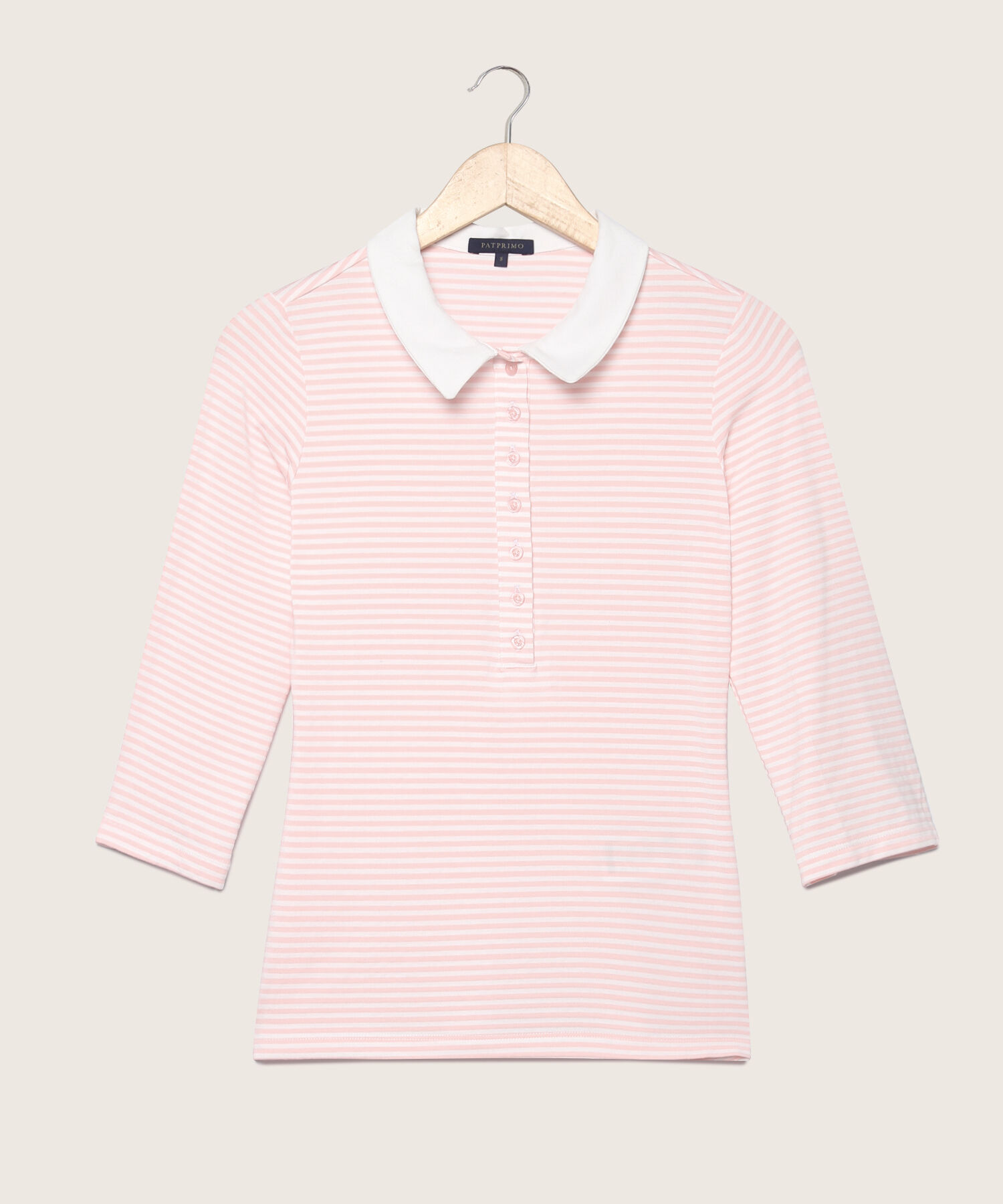 Polo Preteñida A Rayas, Manga 3/4 Con Cuello Duro Y Pechera Unicolor