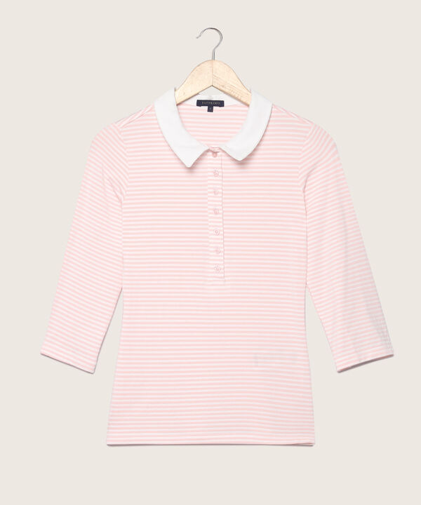 Polo Preteñida A Rayas, Manga 3/4 Con Cuello Duro Y Pechera Unicolor
