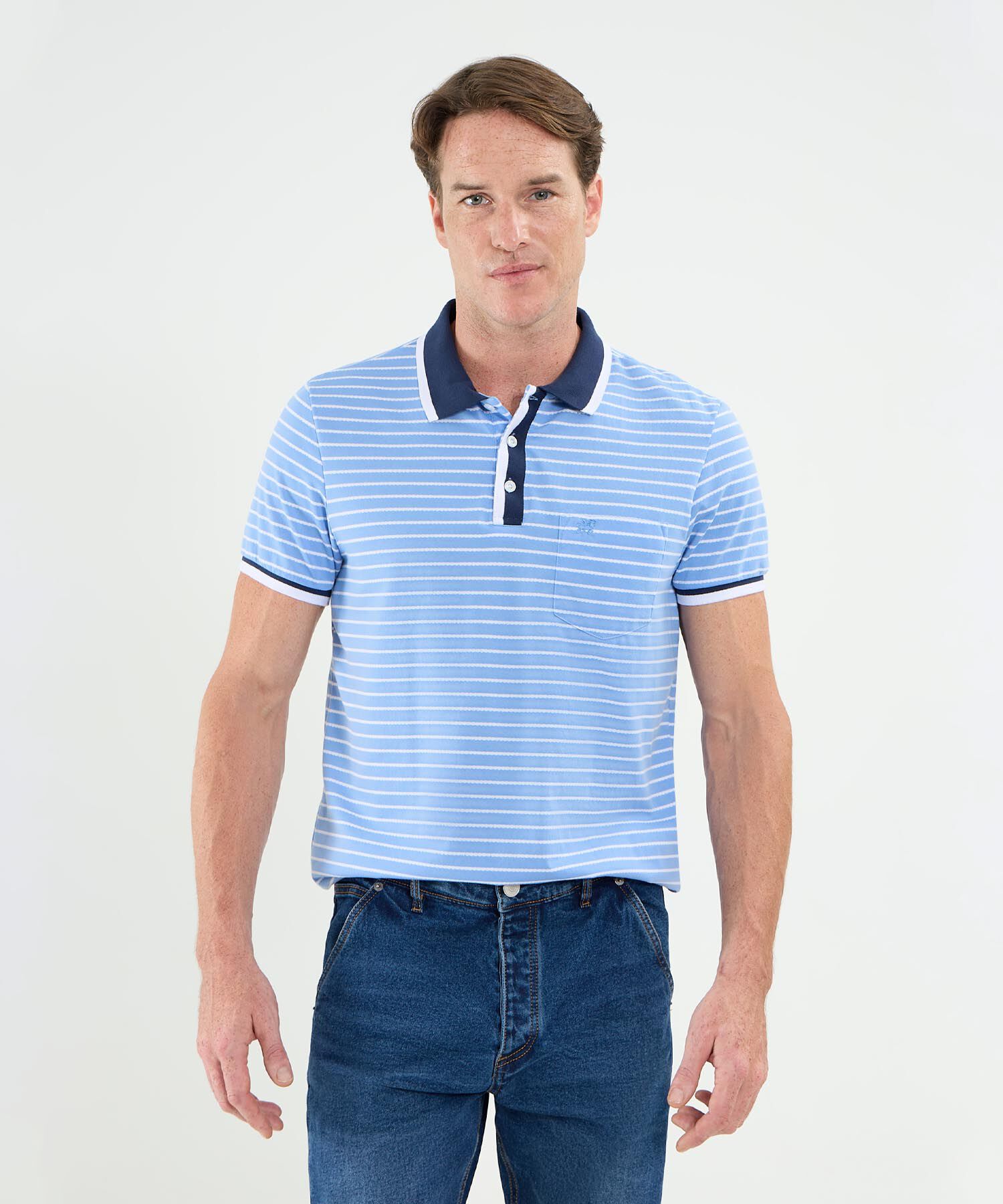 Polo Cuello Y Puños Tejidos Preteñida Con Bolsillo Para Hombre
