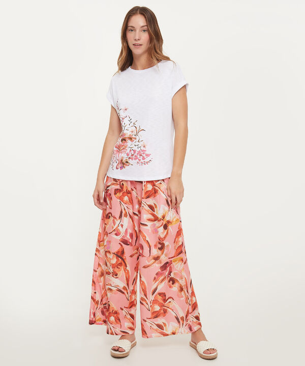 Pantalón Estampado Con Elástico En Cintura, Bolsillos Laterales Y Anudado Decorativo, Líneas