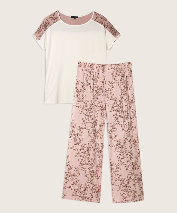 Pijama Conjunto Camiseta  Manga Corta Unicolor Con Almilla Estampada Y Pantalón Culotte Estampado