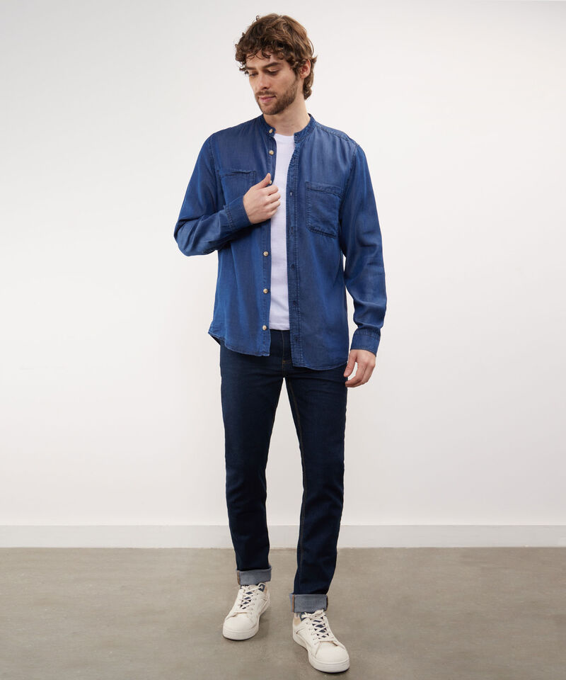 Camisa Camisa Manga Larga Tono Oscuro Cuello Neru Con Bolsillos Esquinas Redondeadas
