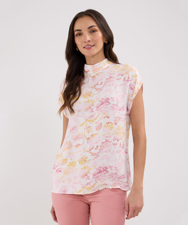 Blusa Estampada, Manga Corta, Cuello Alto, Silueta Fluida