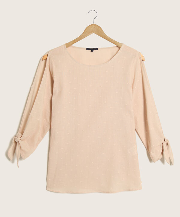 Blusa Unicolor Cuello Redondo Manga 3/4 Con Abertura Y Anudado