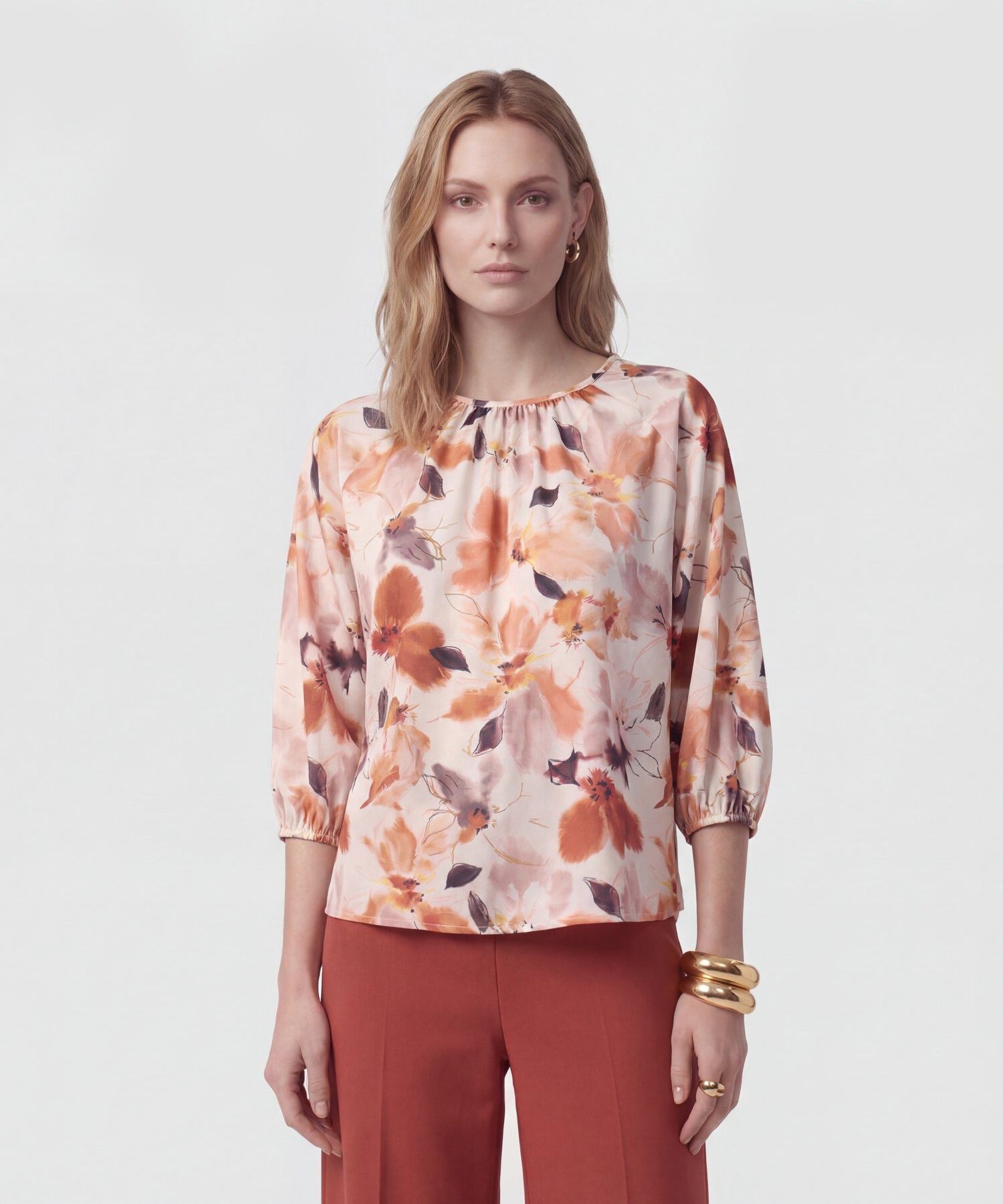 Blusa De Cuello Fruncido Y Manga &frac34; Para Mujer