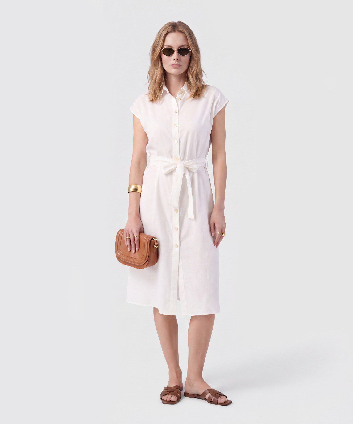 Vestido Camisero Midi Sin Mangas Con Cintur&oacute;n Mujer