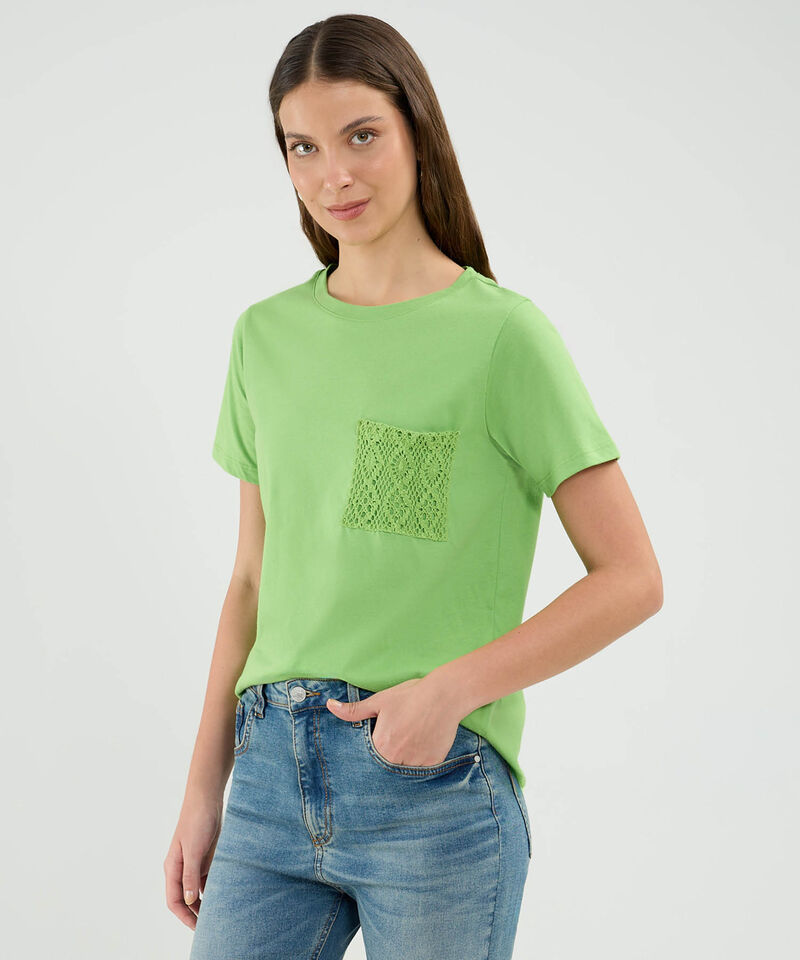 Camiseta Manga Corta, Cuello Redondo, Con Bolsillo En Encaje Para Mujer