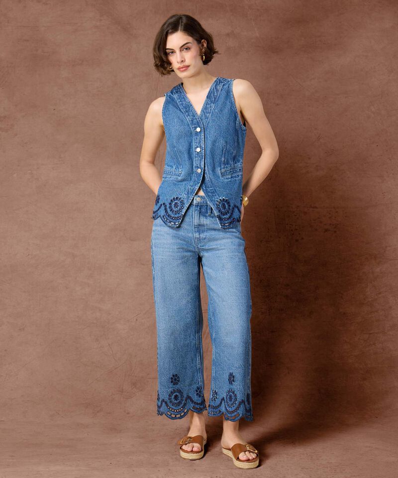 Chaleco Denim con Escote V y Bordado Para Mujer