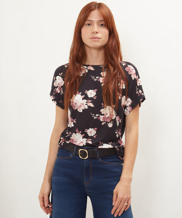 Camiseta Estampada Manga Corta Con Guardapolvo, Cuello Redondo Y Bies Sobrepuesto En Hombros, Trópico Floral