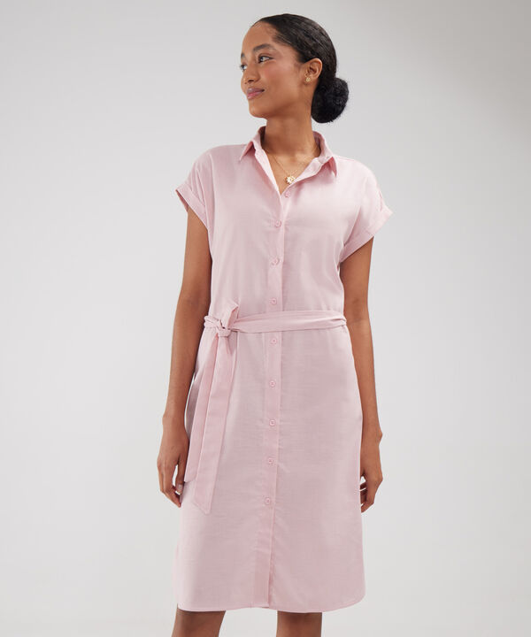 Vestido Camisero En Lino Unicolor Con Cinturon image number null