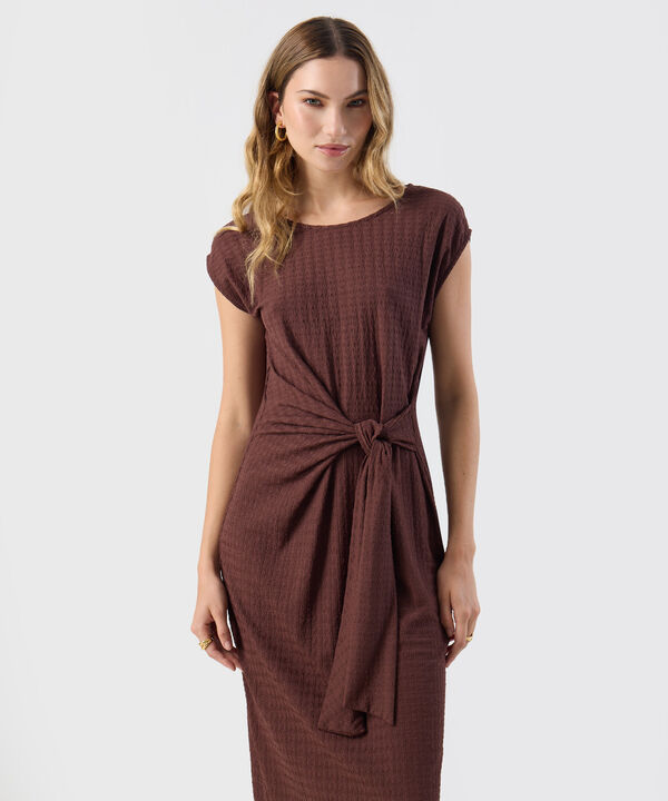 Vestido Para Mujer Midi Textura Nudo Frontal Elegante image number null