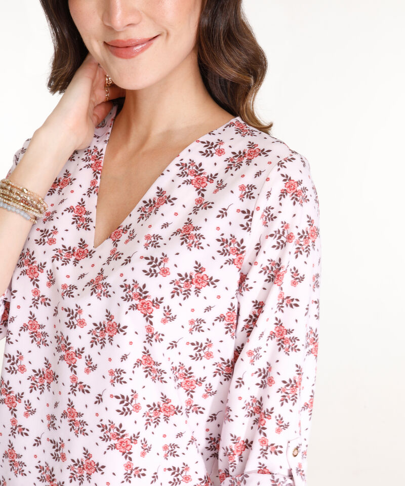 Blusa Estampada, Manga 3/4 Con Charretera, Cuello En V Y Silueta Fluida