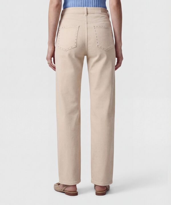 Jeans Rectos Con Piedras Laterales Mujer