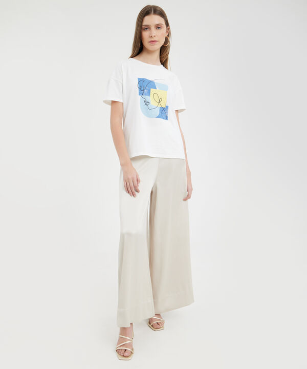 Pantalon Palazzo Fluido Unicolor En Tela De Satin Con Textura