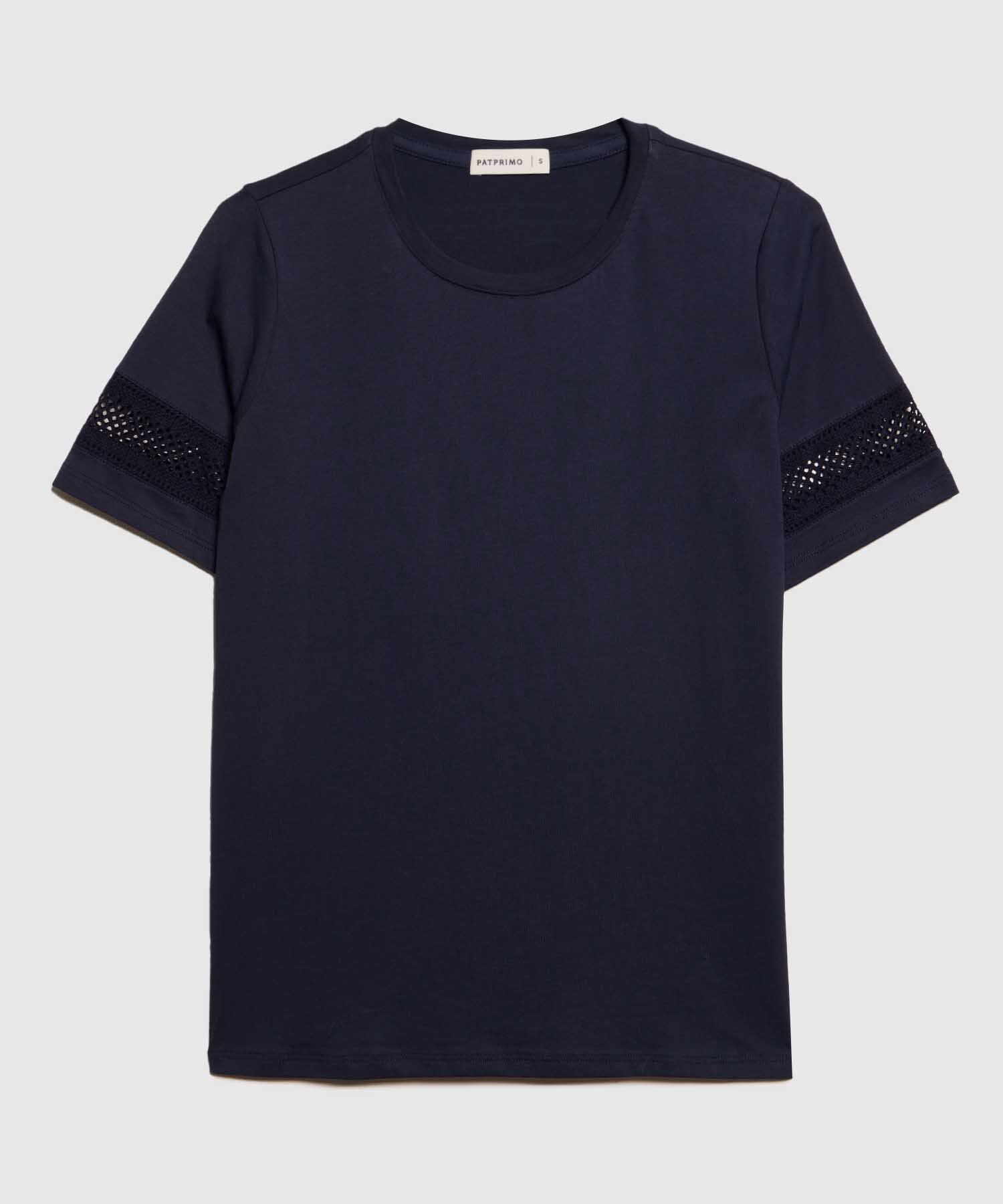 Camiseta Unicolor Cuello Redondo, Manga Corta Con Detalle Encaje