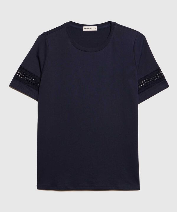 Camiseta Unicolor Cuello Redondo, Manga Corta Con Detalle Encaje