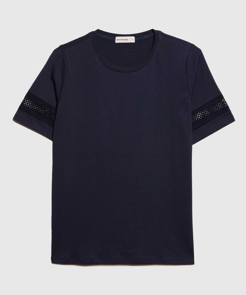 Camiseta Unicolor Cuello Redondo, Manga Corta Con Detalle Encaje