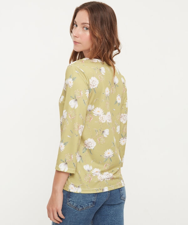 Camiseta Manga 3/4 Estampada Con Escote V Y Prense En Frente, Trópico Floral