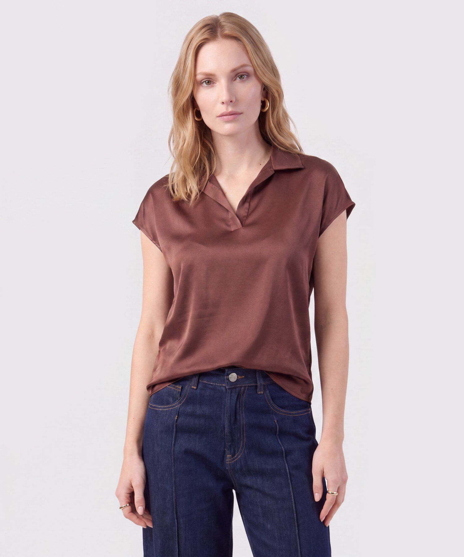 Blusa Unicolor De Manga Corta Mujer