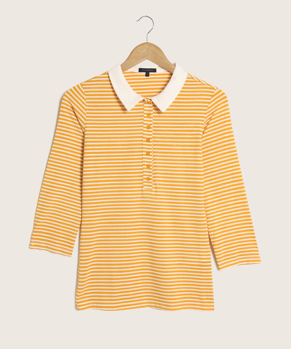Polo Preteñida A Rayas, Manga 3/4 Con Cuello Duro Y Pechera Unicolor