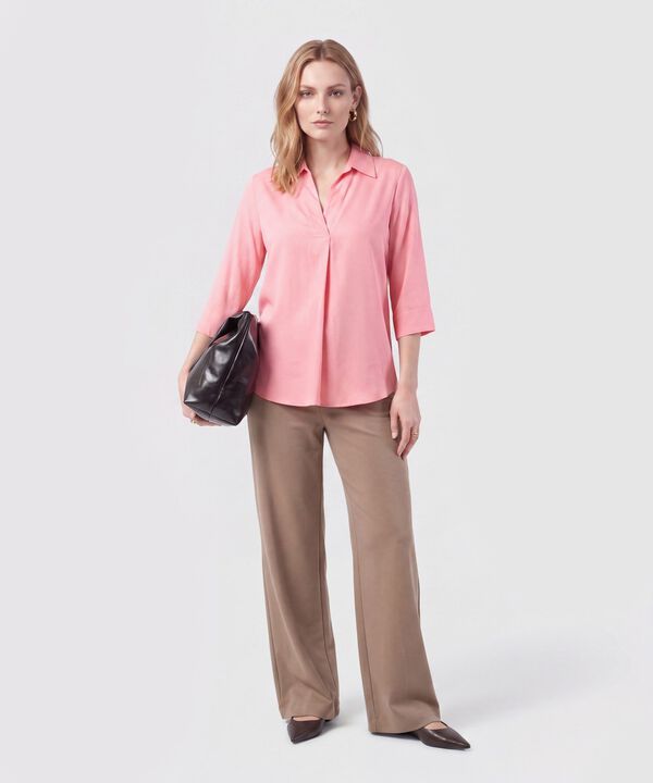 Blusa Camisera De Manga 3/4 Y Pliegue Mujer