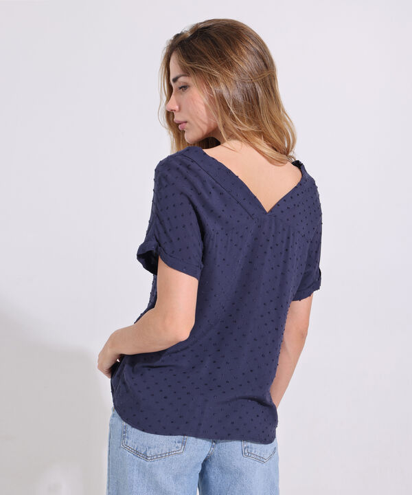 Blusa Unicolor Textura Manga Corta Con Guarda Polvo, Cuello En V, Botonadura, Bolsillo Y Silueta Fluida