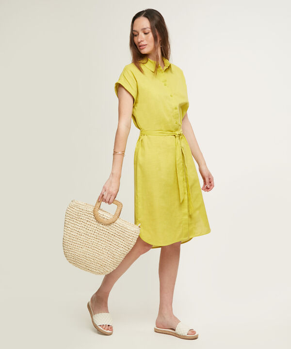 Vestido Camisero En Lino Unicolor