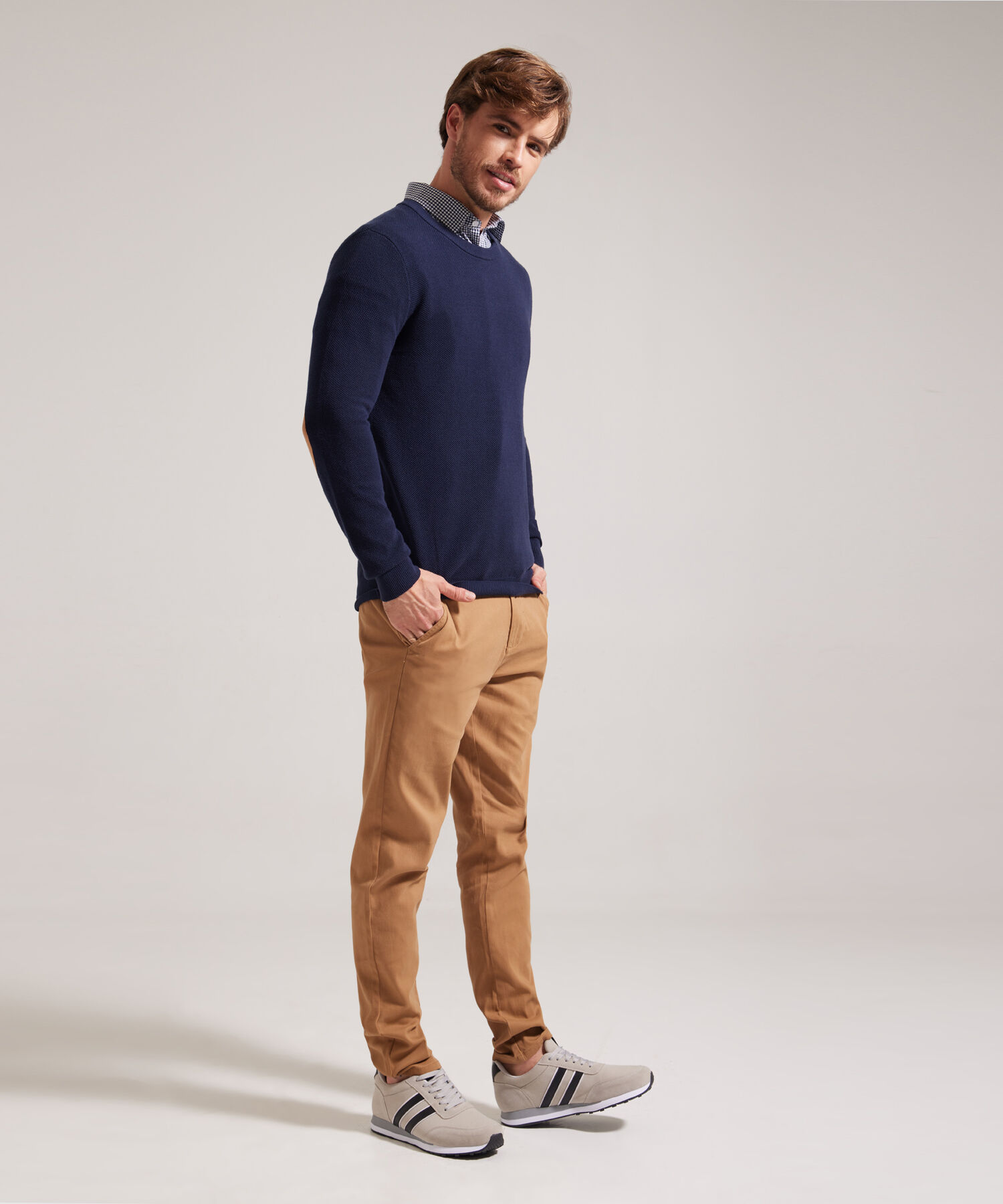 Saco Cuello Redondo, Tejido Con Textura Y Mangas Con Coderas