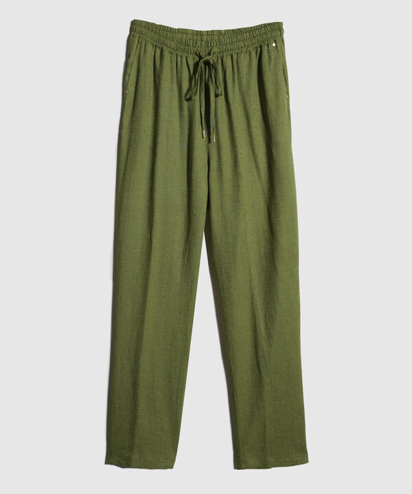 Pantalon Unicolor En Lino Con Vena