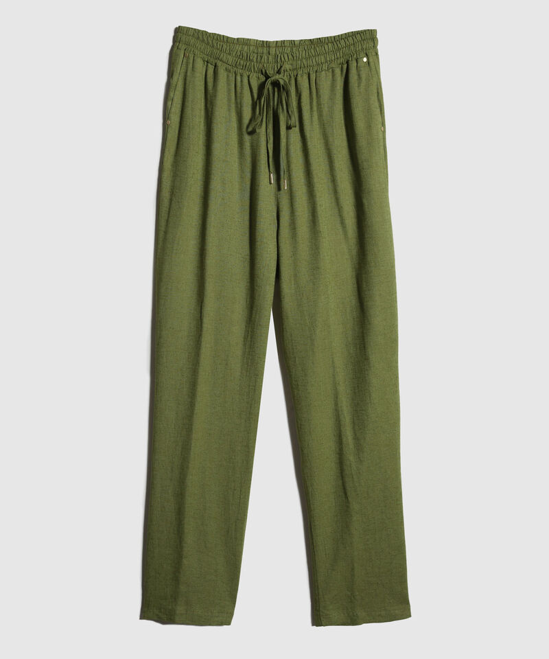 Pantalon Unicolor En Lino Con Vena