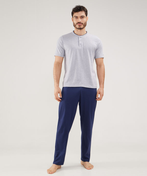 Pijama 2 Piezas Camisa Cuello Henley Y Pantalón Unicolor