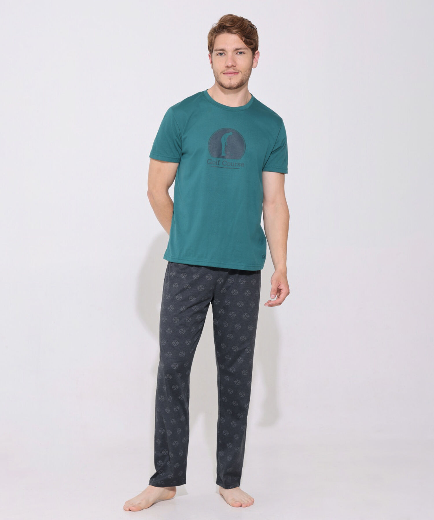 Pijama Set De Camiseta Manga Larga Unicolor Con Screen Y Pantalon Estampado
