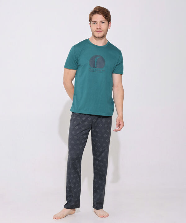 Pijama Set De Camiseta Manga Larga Unicolor Con Screen Y Pantalon Estampado