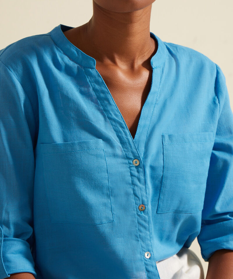 Blusa Lino Manga Larga Con Bolsillo Unicolor