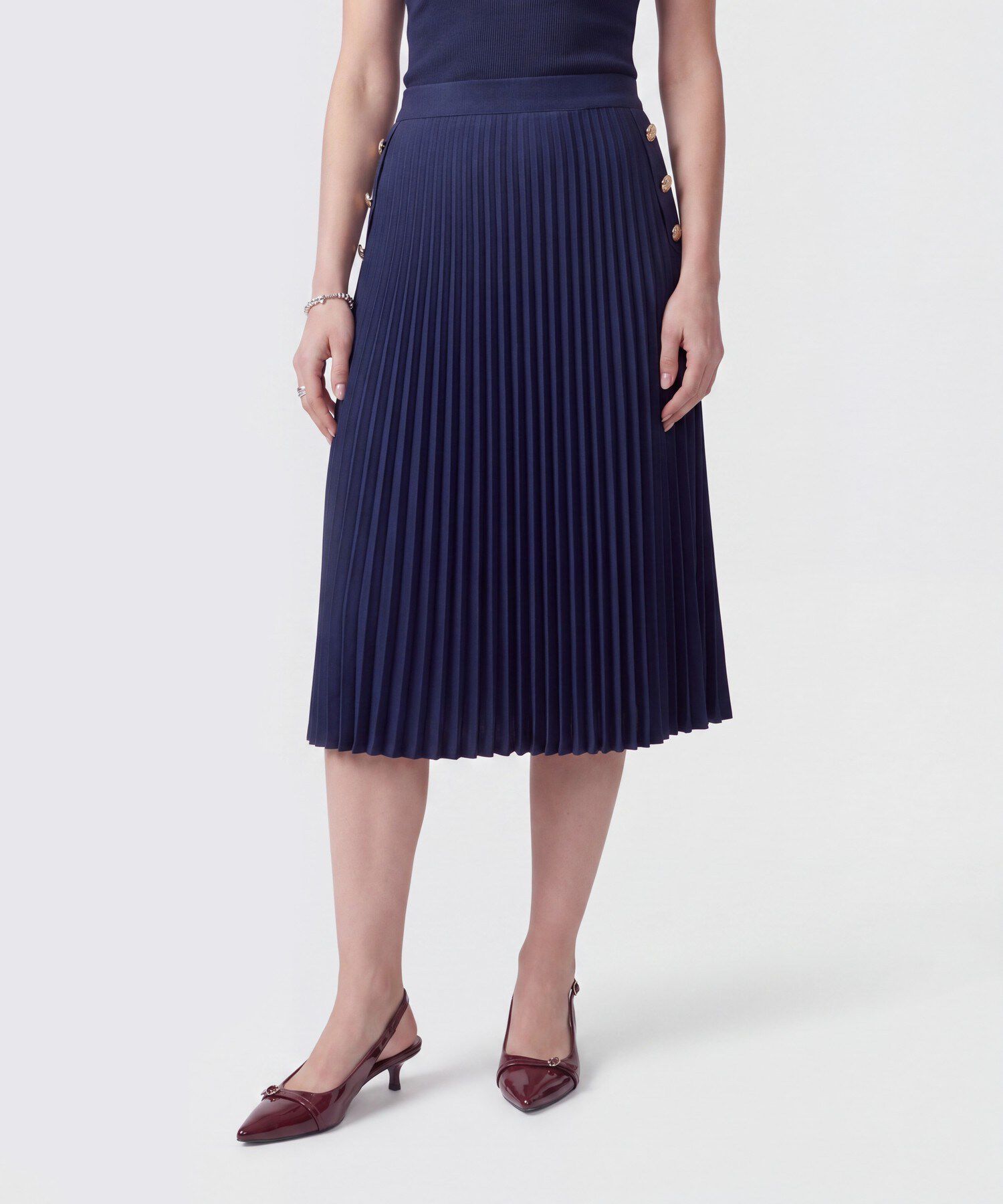 Falda Midi Plisada Con Botones Mujer