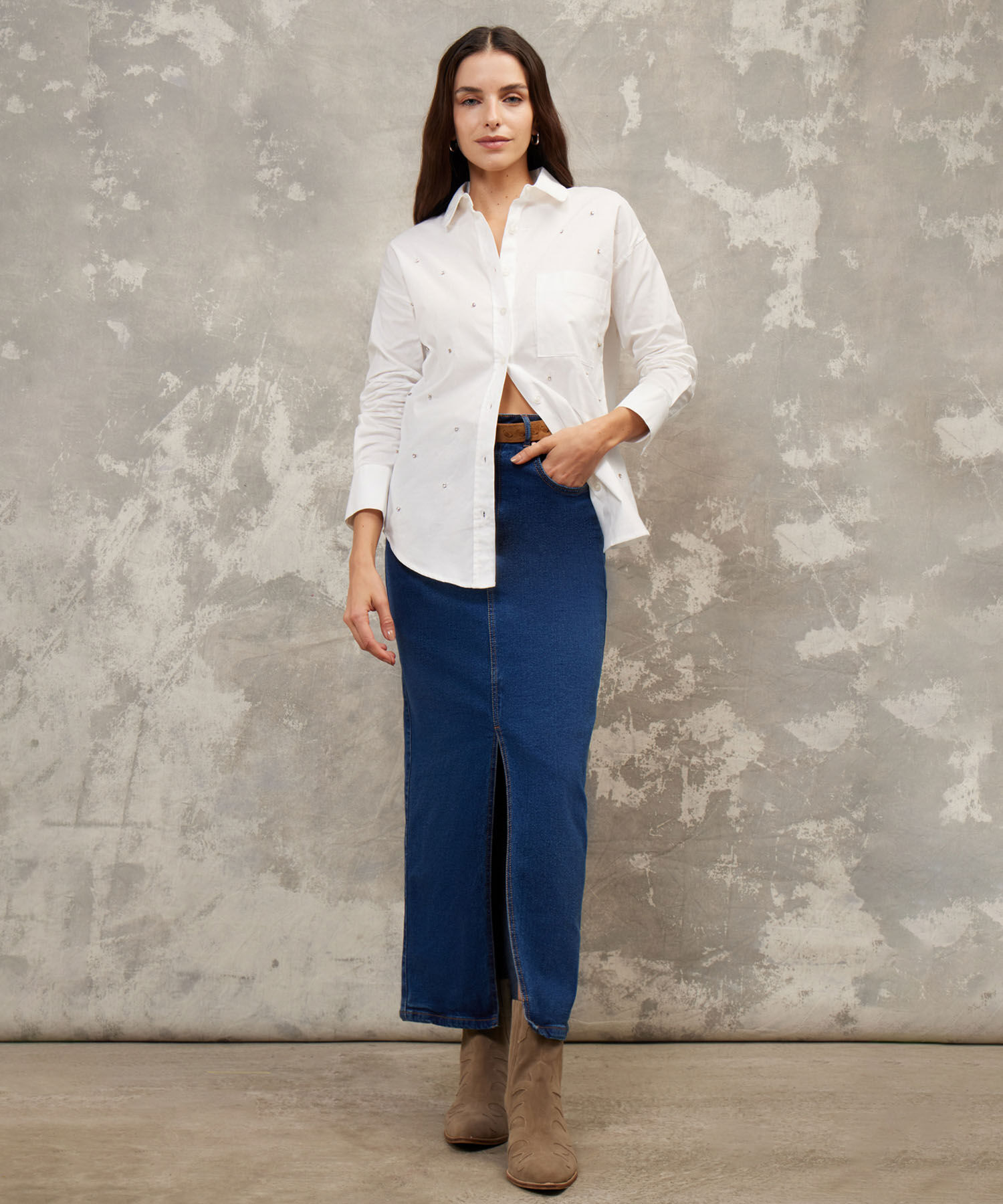 Camisa Unicolor Con Pedrería
