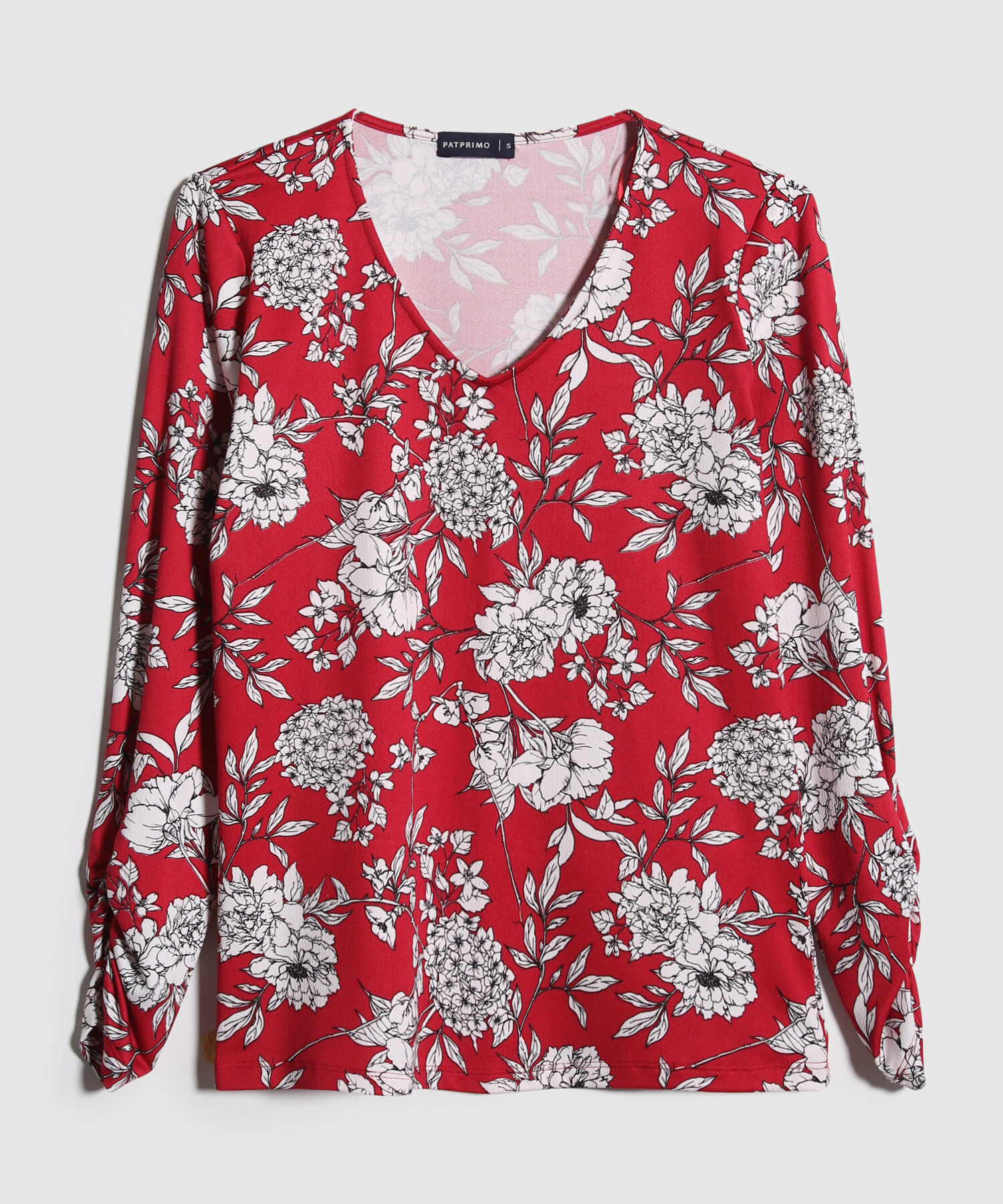 Camiseta Estampada, Escote En V, Manga Larga Con Recogido, Líneas