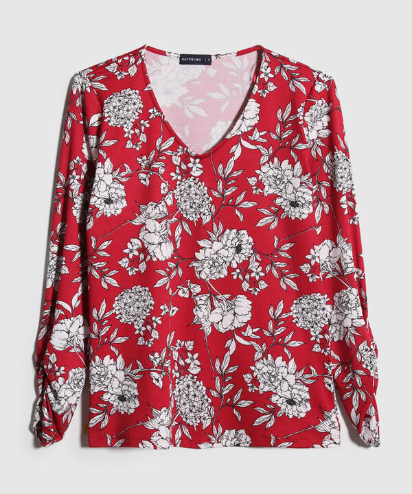 Camiseta Estampada, Escote En V, Manga Larga Con Recogido, Líneas