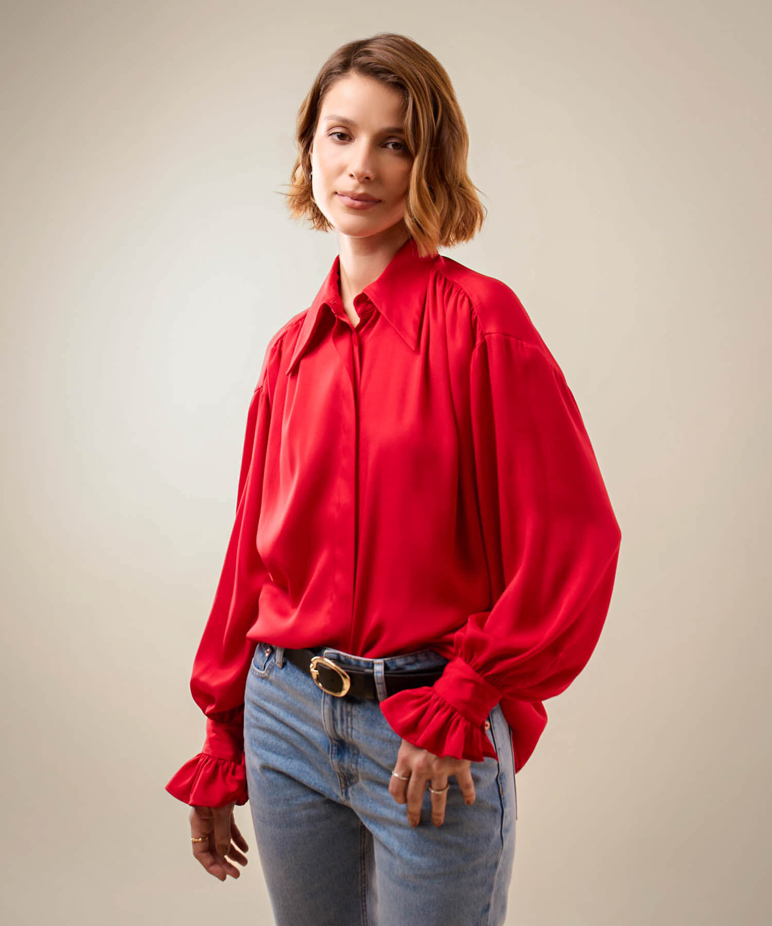 Camisa Manga Larga Con Volantes Para Mujer
