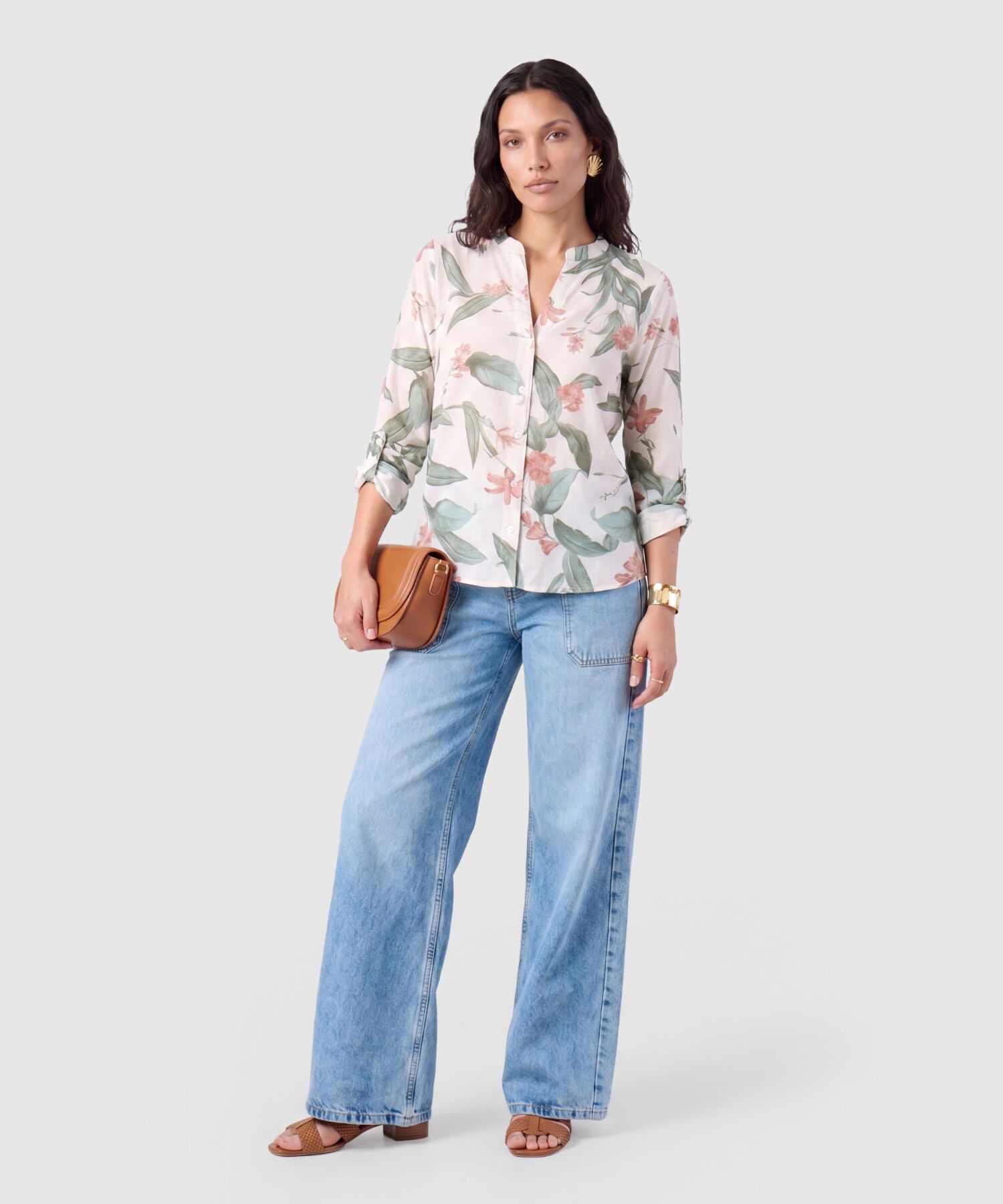 Blusa Mujer Manga 3/4 con Estampado y Cuello Mao