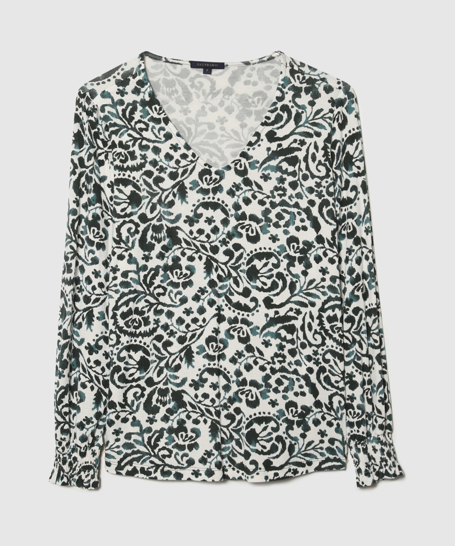 Camiseta Estampada, Escote V, Manga Larga Con Recogido
