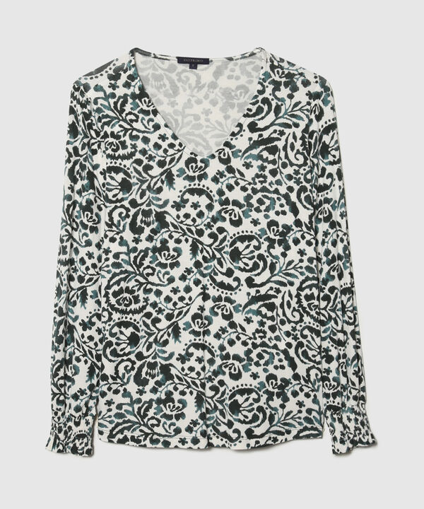 Camiseta Estampada, Escote V, Manga Larga Con Recogido