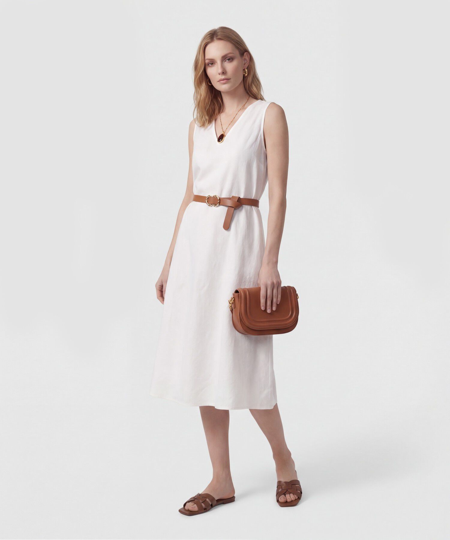 Vestido Midi Manga Sisa Con Cintur&oacute;n Mujer