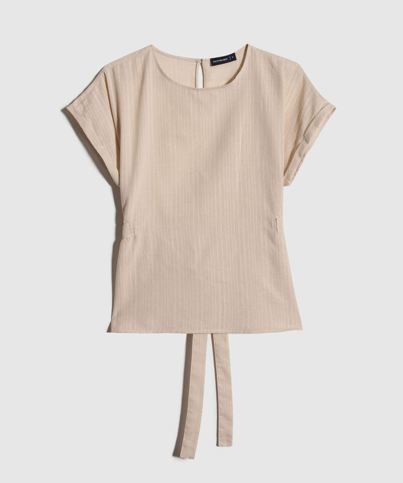 Blusa Unicolor, Manga Corta Con Cinturón