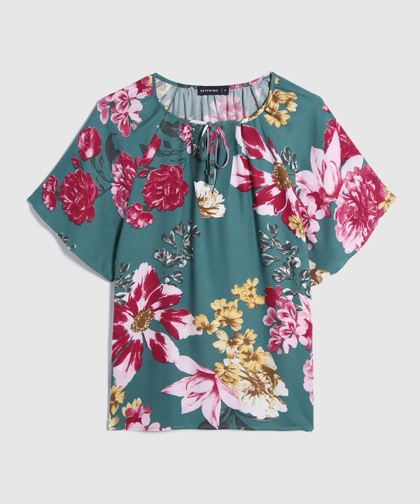 Blusa Estampada, Manga Corta Campana, Escote V Con Recogido En Cuello Y Anudado, Fiesta En El Jardin Linea Moda