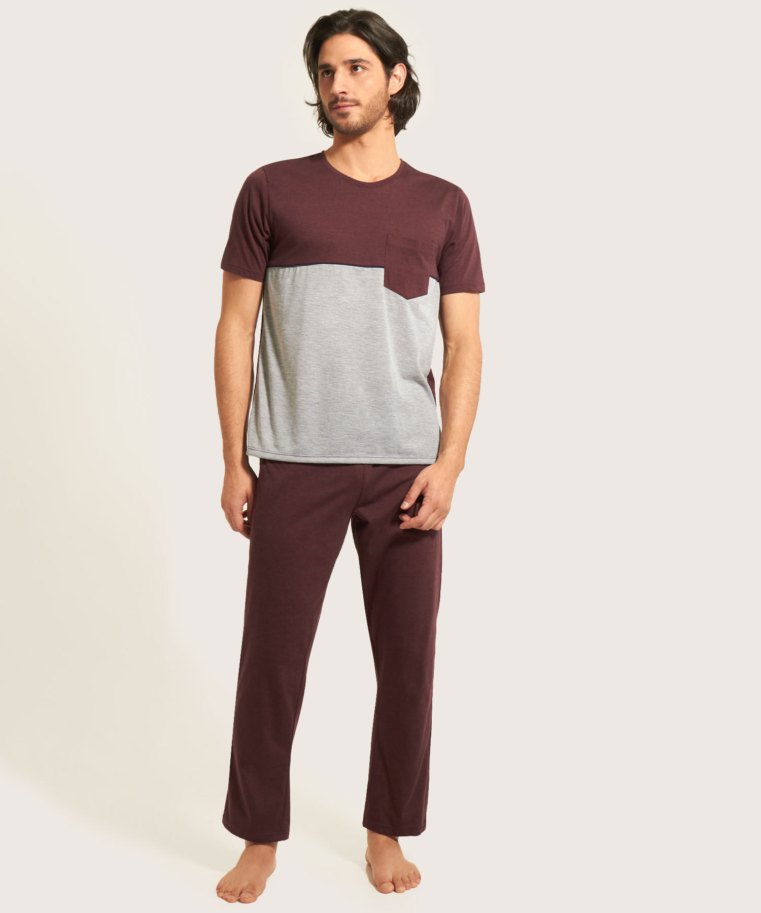 Pijama Conjunto Camiseta De Bloques Con Bolsillo Y Pantalón Unicolor